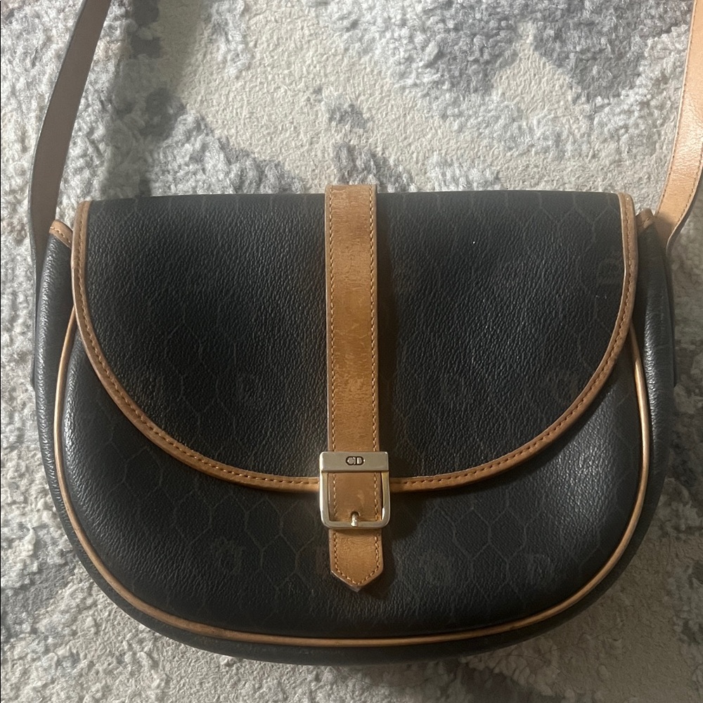 Vintage Christian Dior Black and Tan Leather Shoulder Bag